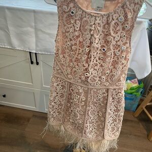 Greylin Blush Lace Kids Dress with Feather Trim